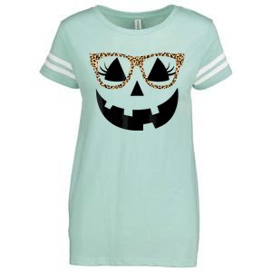 Orange Jack O Lantern Face Pumpkin Hallowen Leopard Glasses Enza Ladies Jersey Football T-Shirt