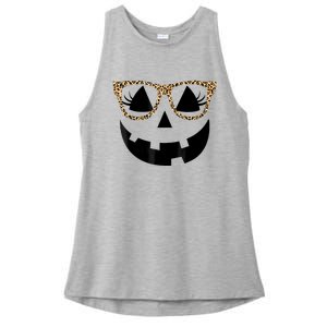 Orange Jack O Lantern Face Pumpkin Hallowen Leopard Glasses Ladies PosiCharge Tri-Blend Wicking Tank