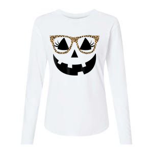 Orange Jack O Lantern Face Pumpkin Hallowen Leopard Glasses Womens Cotton Relaxed Long Sleeve T-Shirt