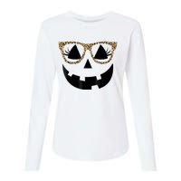 Orange Jack O Lantern Face Pumpkin Hallowen Leopard Glasses Womens Cotton Relaxed Long Sleeve T-Shirt