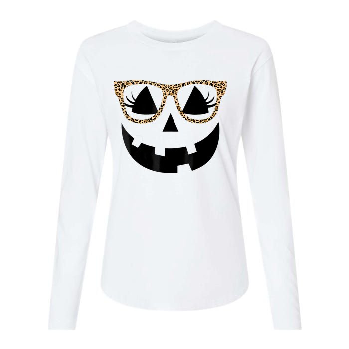 Orange Jack O Lantern Face Pumpkin Hallowen Leopard Glasses Womens Cotton Relaxed Long Sleeve T-Shirt