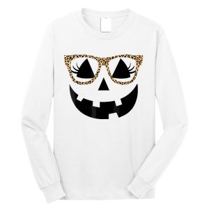 Orange Jack O Lantern Face Pumpkin Hallowen Leopard Glasses Long Sleeve Shirt