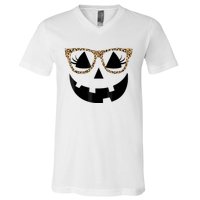 Orange Jack O Lantern Face Pumpkin Hallowen Leopard Glasses V-Neck T-Shirt