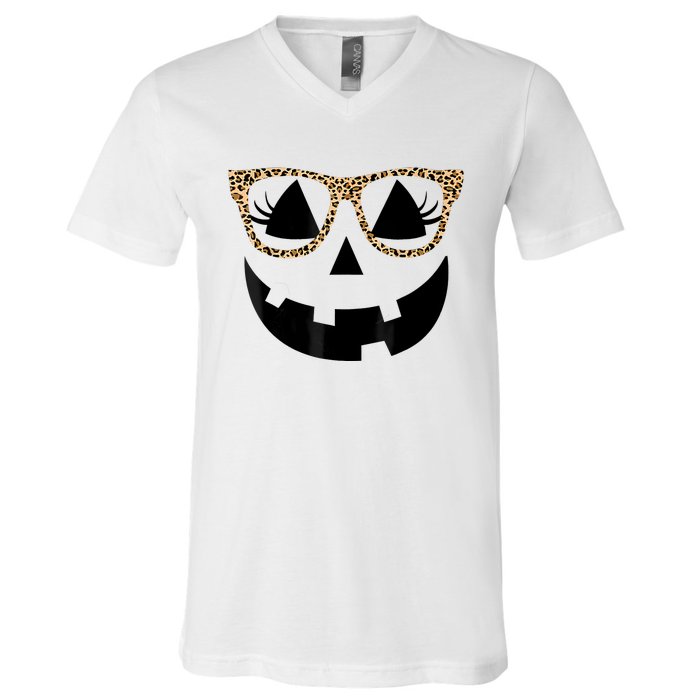 Orange Jack O Lantern Face Pumpkin Hallowen Leopard Glasses V-Neck T-Shirt