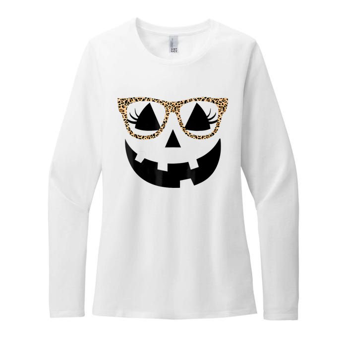 Orange Jack O Lantern Face Pumpkin Hallowen Leopard Glasses Womens CVC Long Sleeve Shirt