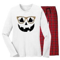 Orange Jack O Lantern Face Pumpkin Hallowen Leopard Glasses Women's Long Sleeve Flannel Pajama Set 