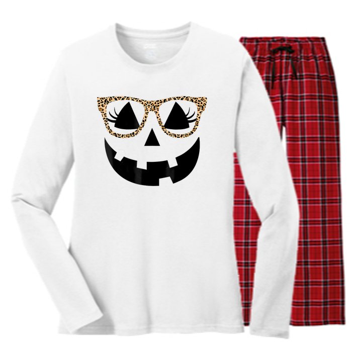 Orange Jack O Lantern Face Pumpkin Hallowen Leopard Glasses Women's Long Sleeve Flannel Pajama Set 