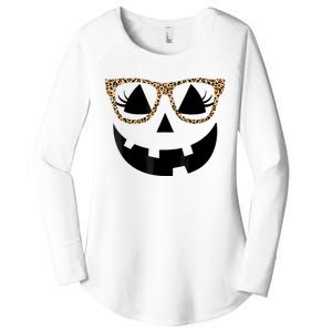 Orange Jack O Lantern Face Pumpkin Hallowen Leopard Glasses Women's Perfect Tri Tunic Long Sleeve Shirt