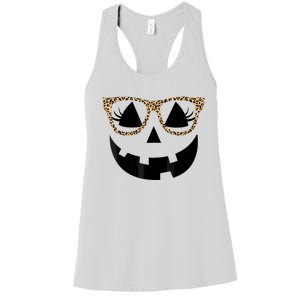 Orange Jack O Lantern Face Pumpkin Hallowen Leopard Glasses Women's Racerback Tank