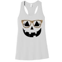 Orange Jack O Lantern Face Pumpkin Hallowen Leopard Glasses Women's Racerback Tank