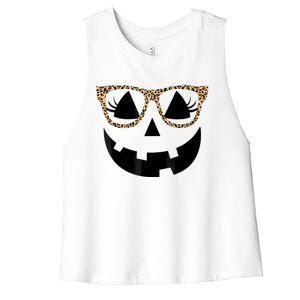 Orange Jack O Lantern Face Pumpkin Hallowen Leopard Glasses Women's Racerback Cropped Tank