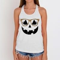 Orange Jack O Lantern Face Pumpkin Hallowen Leopard Glasses Women's Knotted Racerback Tank