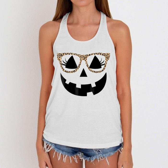 Orange Jack O Lantern Face Pumpkin Hallowen Leopard Glasses Women's Knotted Racerback Tank