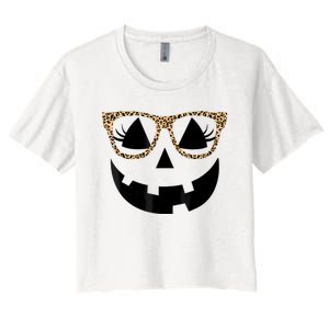 Orange Jack O Lantern Face Pumpkin Hallowen Leopard Glasses Women's Crop Top Tee