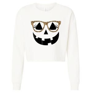 Orange Jack O Lantern Face Pumpkin Hallowen Leopard Glasses Cropped Pullover Crew