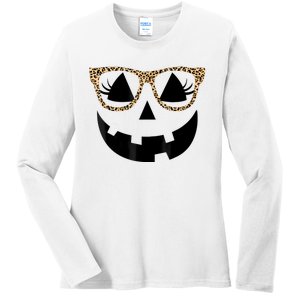 Orange Jack O Lantern Face Pumpkin Hallowen Leopard Glasses Ladies Long Sleeve Shirt