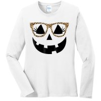 Orange Jack O Lantern Face Pumpkin Hallowen Leopard Glasses Ladies Long Sleeve Shirt