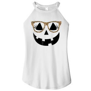 Orange Jack O Lantern Face Pumpkin Hallowen Leopard Glasses Women's Perfect Tri Rocker Tank