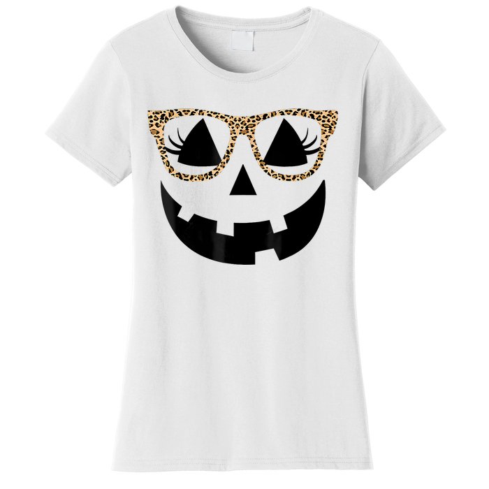 Orange Jack O Lantern Face Pumpkin Hallowen Leopard Glasses Women's T-Shirt