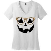 Orange Jack O Lantern Face Pumpkin Hallowen Leopard Glasses Women's V-Neck T-Shirt