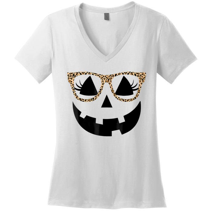 Orange Jack O Lantern Face Pumpkin Hallowen Leopard Glasses Women's V-Neck T-Shirt