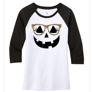 Orange Jack O Lantern Face Pumpkin Hallowen Leopard Glasses Women's Tri-Blend 3/4-Sleeve Raglan Shirt