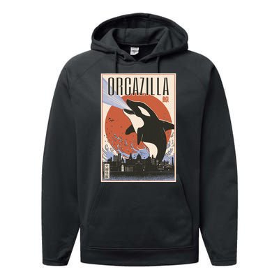 Orcazilla Japanese Poster Orca Performance Fleece Hoodie