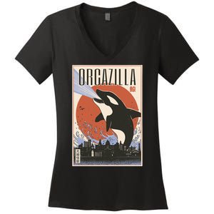 Orcazilla Japanese Poster Orca Women's V-Neck T-Shirt