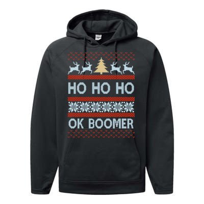 Ok Boomer Funny Ugly Christmas Sweater Ho Ho Ho  Performance Fleece Hoodie