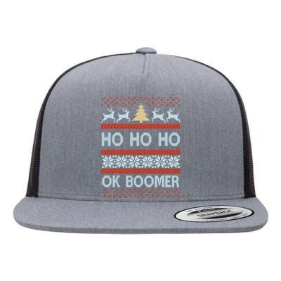 Ok Boomer Funny Ugly Christmas Sweater Ho Ho Ho  Flat Bill Trucker Hat