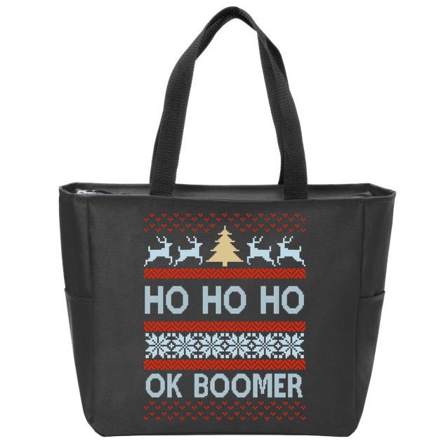 Ok Boomer Funny Ugly Christmas Sweater Ho Ho Ho  Zip Tote Bag