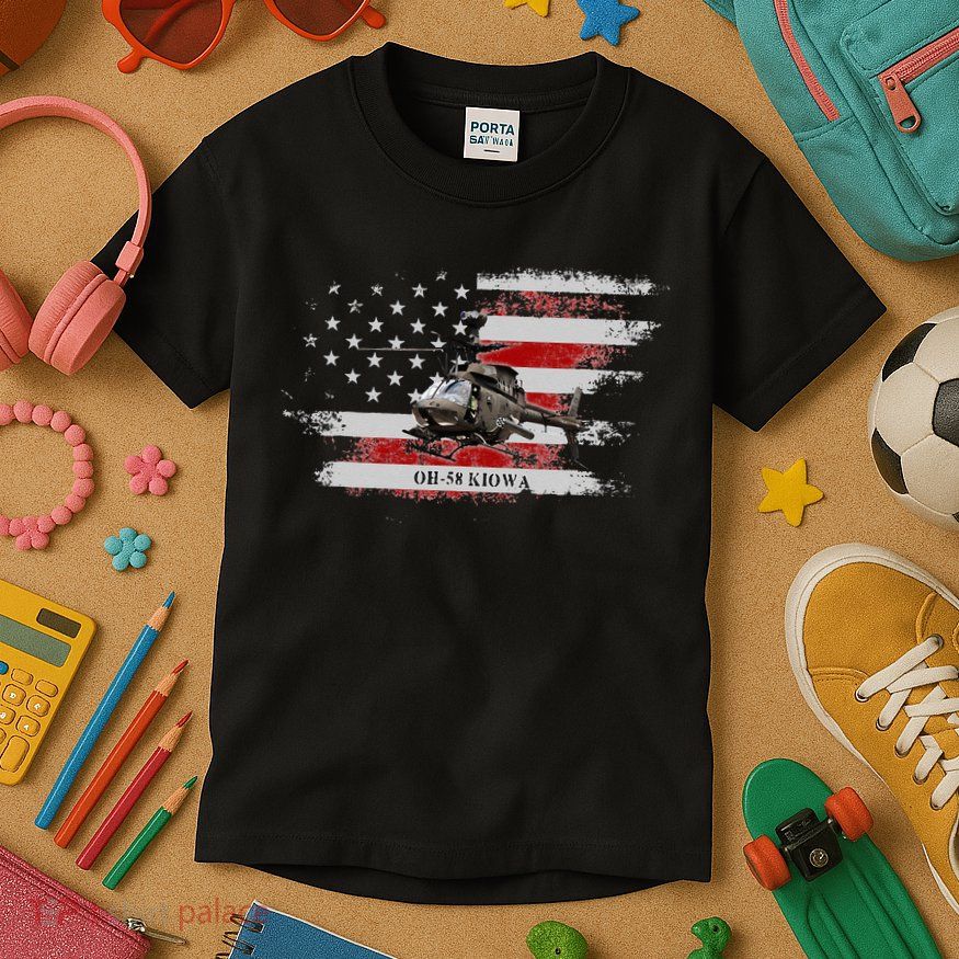 OH58 Kiowa Helicopter USA Flag Helicopter Pilot Gifts Kids T-Shirt