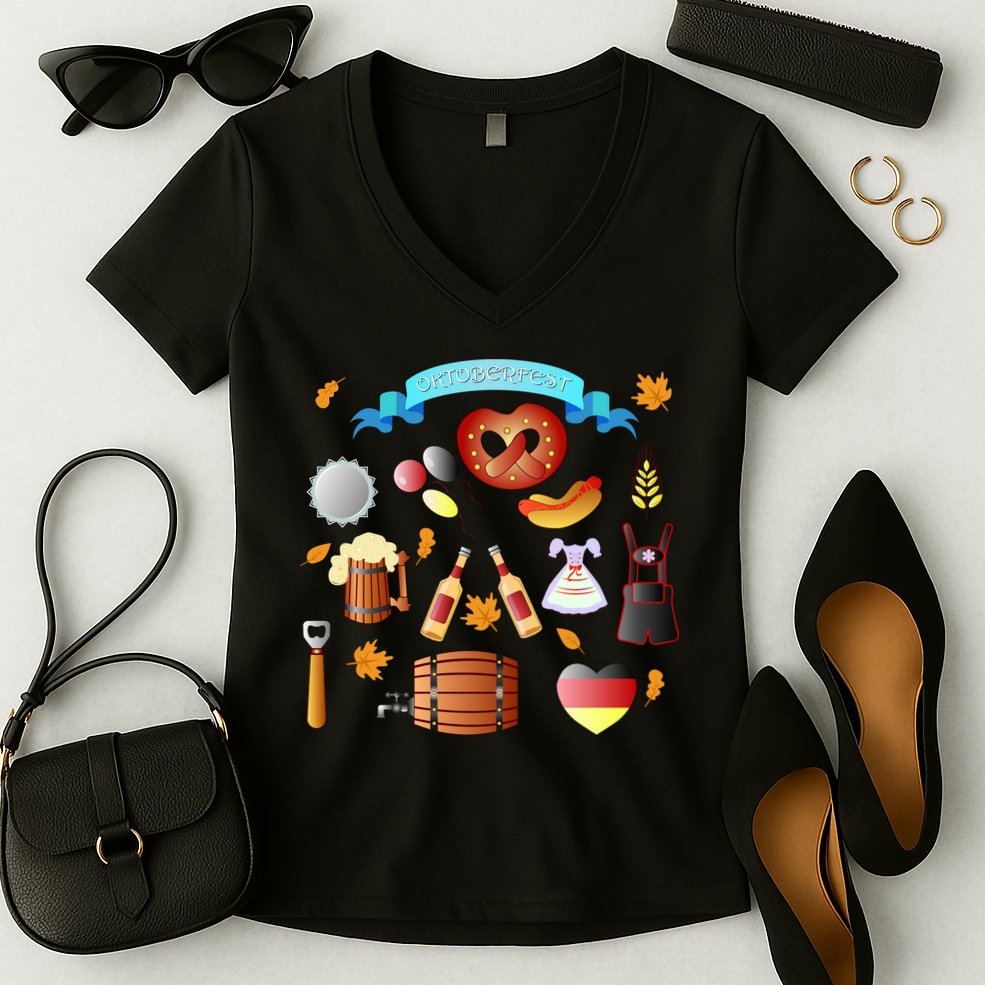 Oktoberfest Festive Mashup Beer Pretzel German Women's V-Neck T-Shirt