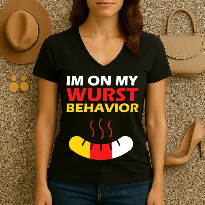 Oktoberfest I'm On My Wurst Behavior  Women's V-Neck T-Shirt