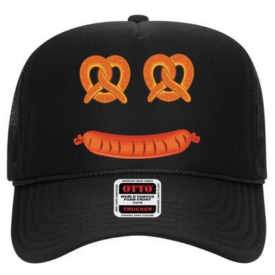 Oktoberfest Pretzel Sausage Smiley Face High Crown Mesh Back Trucker Hat