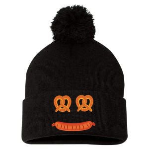 Oktoberfest Pretzel Sausage Smiley Face Pom Pom 12in Knit Beanie