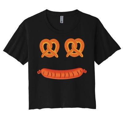 Oktoberfest Pretzel Sausage Smiley Face Women's Crop Top Tee