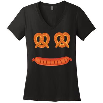 Oktoberfest Pretzel Sausage Smiley Face Women's V-Neck T-Shirt