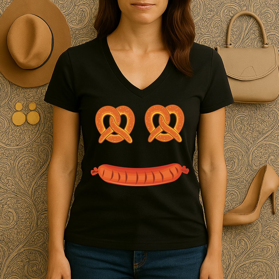 Oktoberfest Pretzel Sausage Smiley Face Women's V-Neck T-Shirt