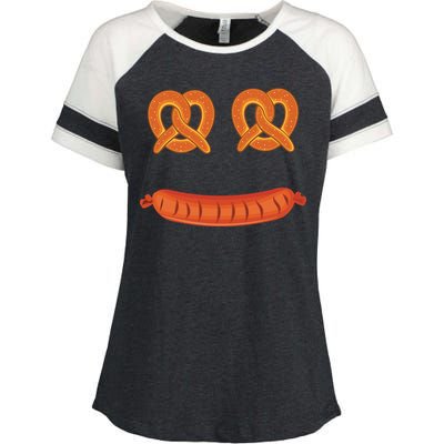 Oktoberfest Pretzel Sausage Smiley Face Enza Ladies Jersey Colorblock Tee