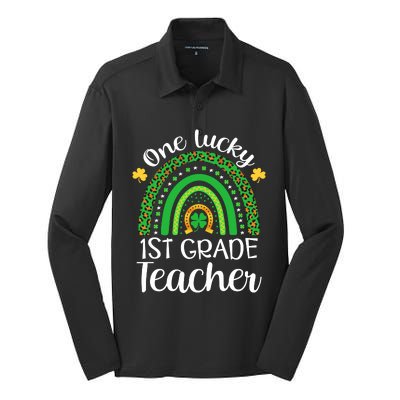 One Lucky 1st Grade Teacher St Patricks Day Teacher Rainbow Graphic Plus Size Silk Touch Performance Long Sleeve Polo