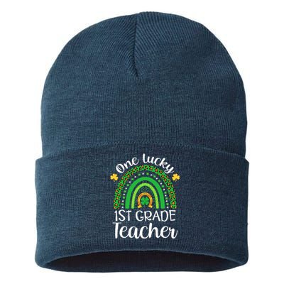 One Lucky 1st Grade Teacher St Patricks Day Teacher Rainbow Graphic Plus Size Sustainable Knit Beanie