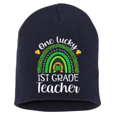 One Lucky 1st Grade Teacher St Patricks Day Teacher Rainbow Graphic Plus Size Short Acrylic Beanie