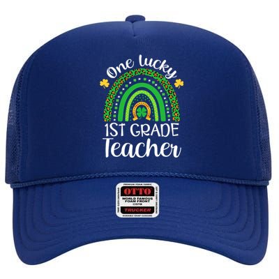 One Lucky 1st Grade Teacher St Patricks Day Teacher Rainbow Graphic Plus Size High Crown Mesh Back Trucker Hat