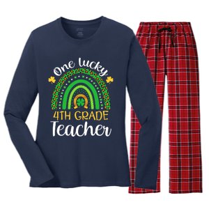 One Lucky 4th Grade Teacher St Patricks Day Teacher Rainbow Graphic Plus Size Women's Long Sleeve Flannel Pajama Set 