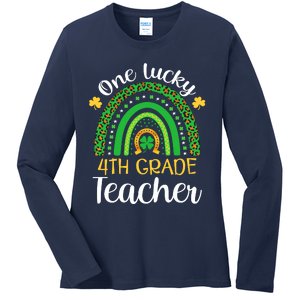 One Lucky 4th Grade Teacher St Patricks Day Teacher Rainbow Graphic Plus Size Ladies Long Sleeve Shirt