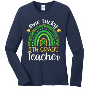 One Lucky 5th Grade Teacher St Patricks Day Teacher Rainbow Graphic Plus Size Ladies Long Sleeve Shirt