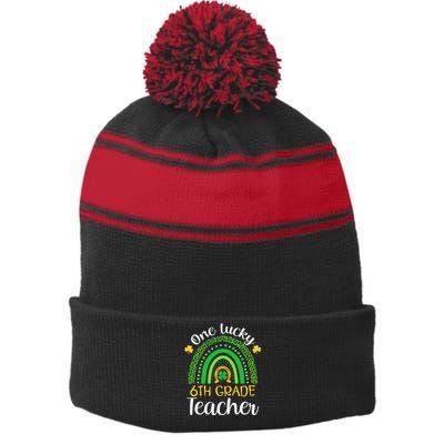 One Lucky 6th Grade Teacher St Patricks Day Teacher Rainbow Graphic Plus Size Stripe Pom Pom Beanie