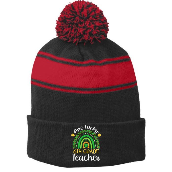 One Lucky 6th Grade Teacher St Patricks Day Teacher Rainbow Graphic Plus Size Stripe Pom Pom Beanie