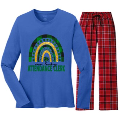 One Lucky Attendance Clerk Rainbow St Patricks Day Gift Women's Long Sleeve Flannel Pajama Set 